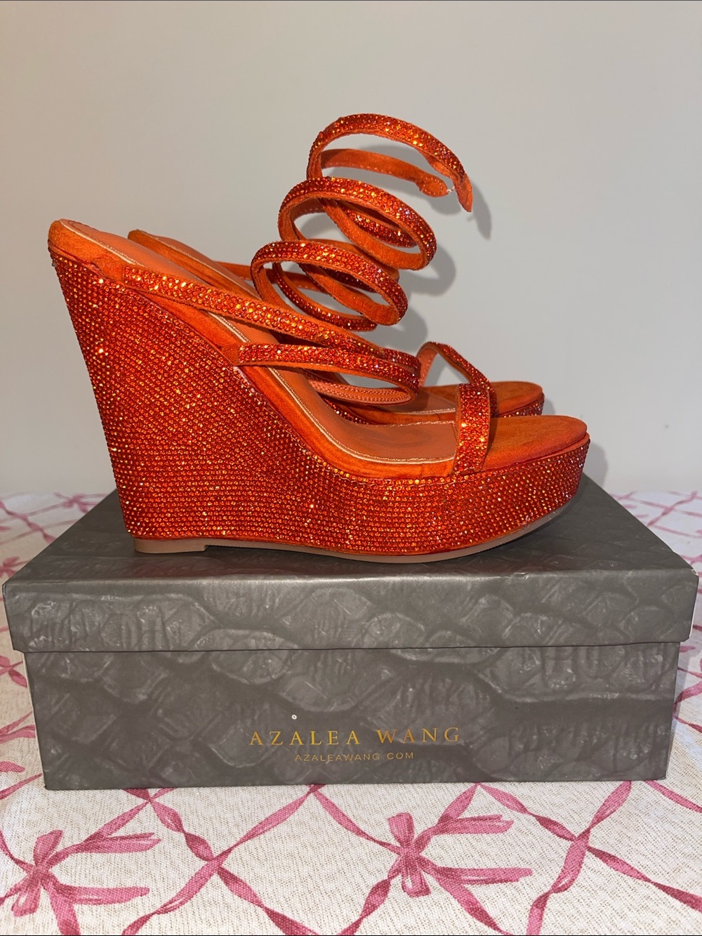 Azalea Wang Orange Crystal Spiral-Wrap Wedge Sandals